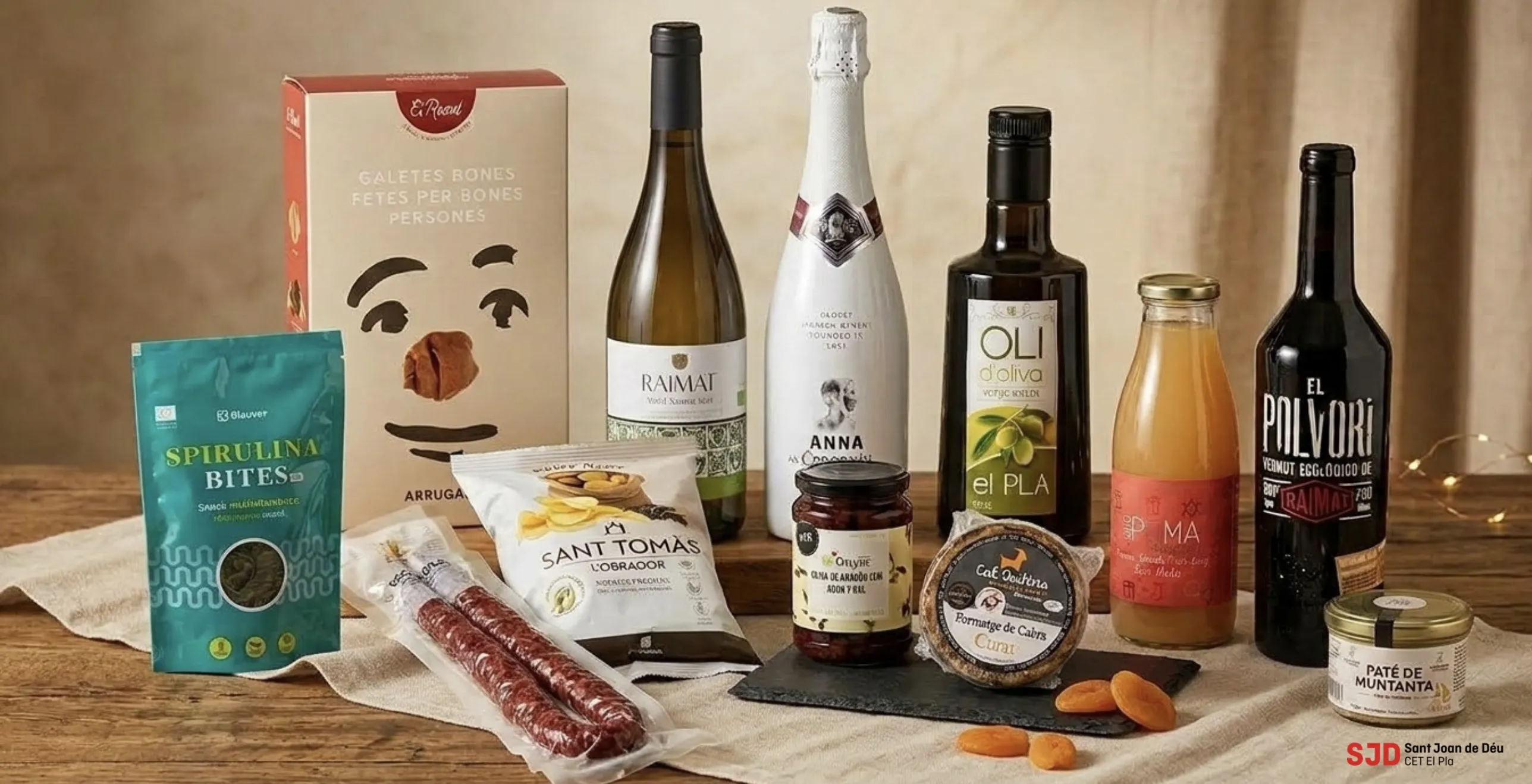 Lot Aperitiu: snack d'espirulina, patates Sant Tomàs, fuet, vi blanc Raimat, cava Anna de Codorníu, oli d'oliva El Pla, suc, vi negre, formatge i paté