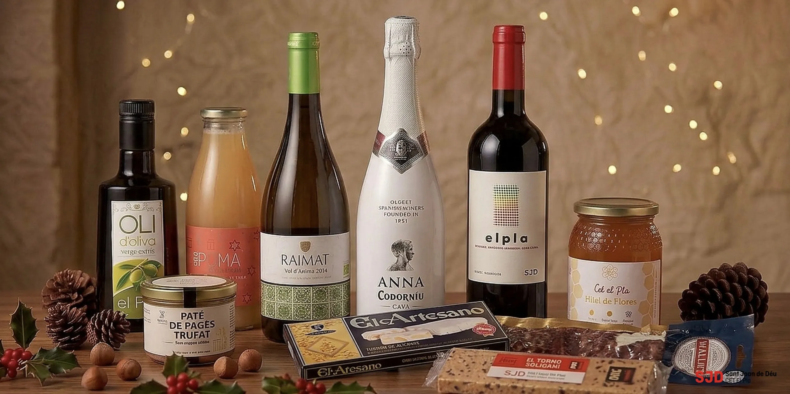 Lot Bàsic: oli d'oliva El Pla, suc, vi blanc Raimat, cava Anna de Codorníu, vi negre El Pla, mel, paté de pagès trufat i torrons