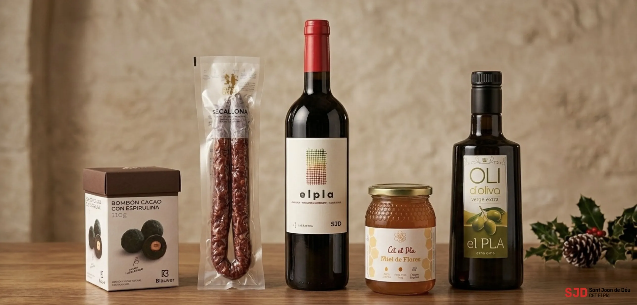 Lot El Bon Detall: bombons de cacau amb espirulina, secallona, vi negre El Pla, mel de flors i oli d'oliva verge extra El Pla