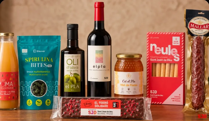 Lot El Pla: suc, snack d'espirulina, oli d'oliva El Pla, vi negre El Pla, mel de flors, neules solidàries, torró solidari i llonganissa